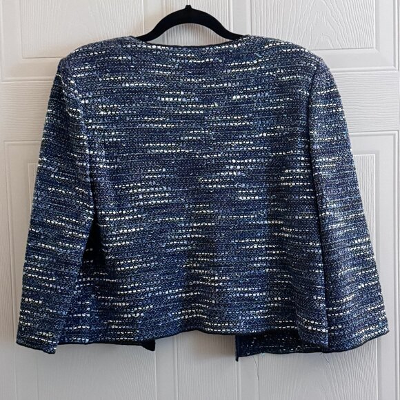 St. John Cropped Tweed Evening Jacket Sz 12 Blue, Teal, & Black 3/4 Sleeve - Picture 2 of 7